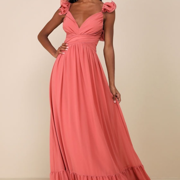 Lulus Soiree Celebration Rusty Rose Ruffled Lace-up Maxi Dress Pink - Size XS - Picture 1 of 2